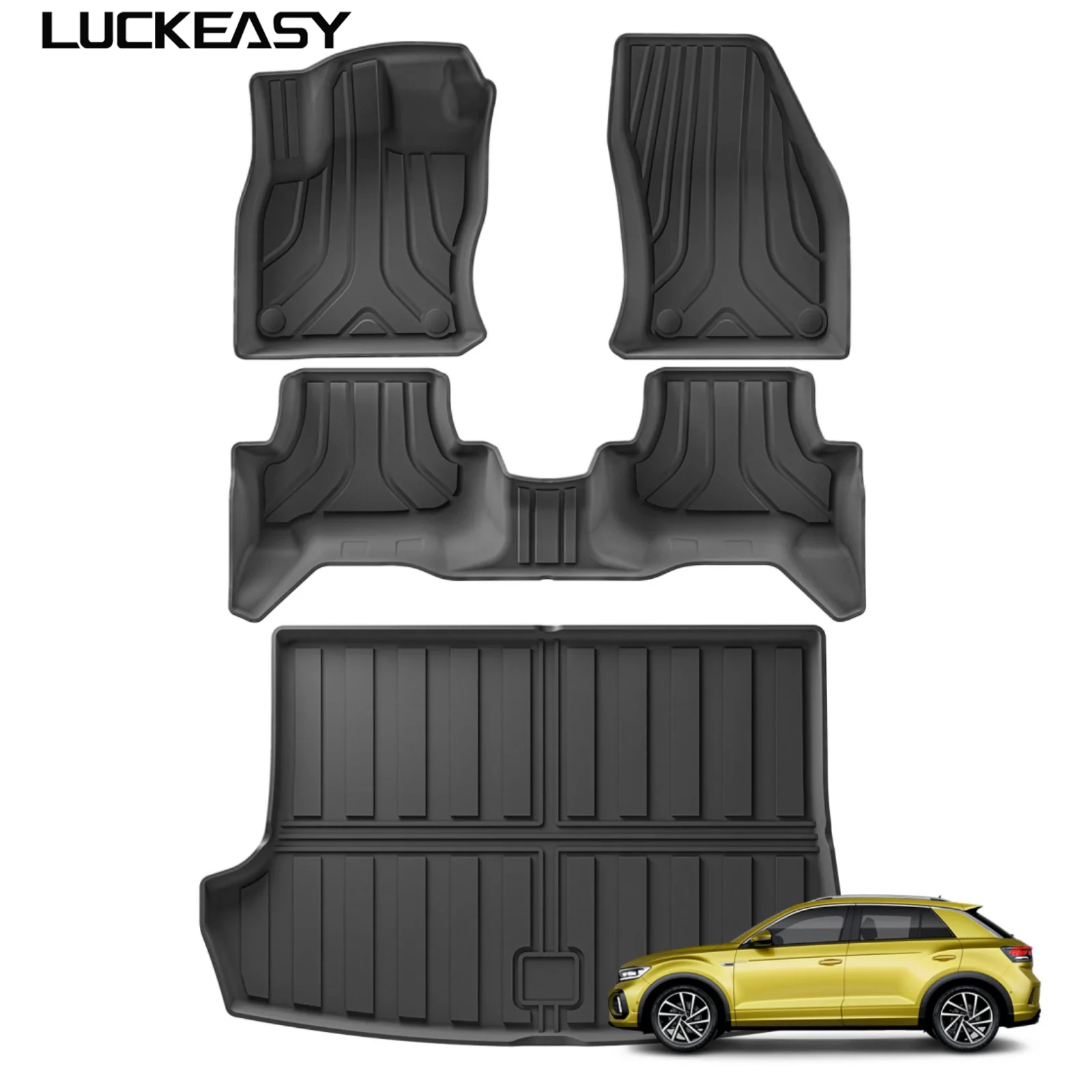 LUCKEASY for VW T-ROC 2018-2023 2024 (EU Version Only) TPE 3D Car Floor Mats Cargo Liner Trunk Backrest Pad Foot Pad Black