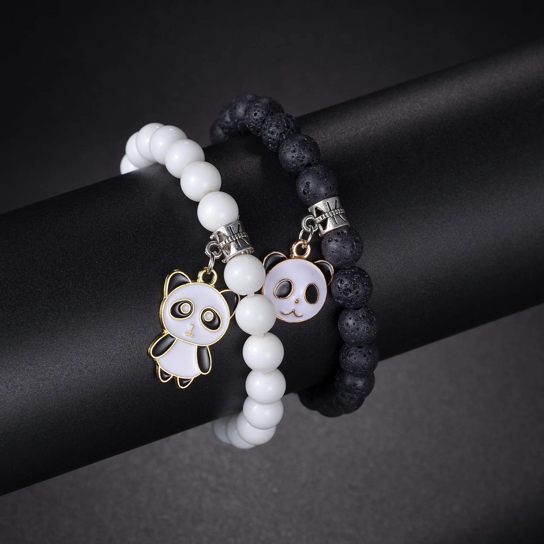 MeMolissa 2pcs Natural Lava Stone Beaded Bracelet Cute Panda Bracelets for Men Women Couple Charm Jewelry Gifts