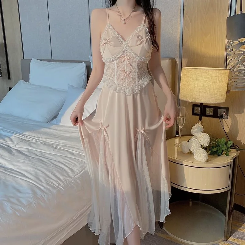 Sexy Long Nightgown Women with Breast Top Pajamas Sweet Lace Camisole Nightdress Lacework Bow Sleepwear Backless Tulle Pyjamas