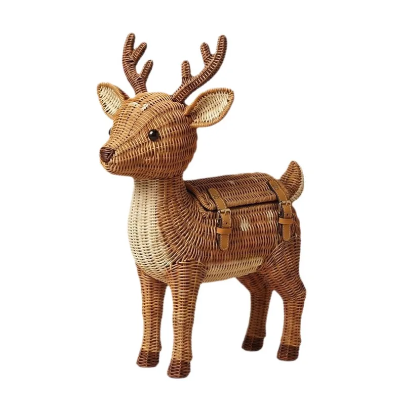 Handmade rattan deer shape storage basket with lid storage basket home decoration creative animal ornament