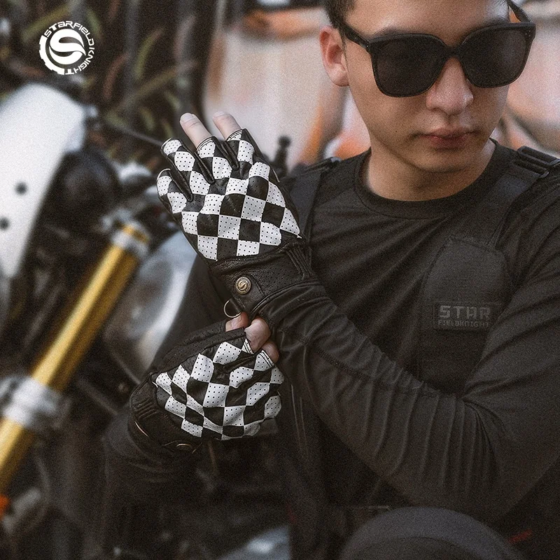 STAR FIELD KNIGHT SKG-566 Summer Half Finger Motorcycle Gloves Men Breathable Goatskin Cowhide Retro Black White Riding Gloves view 3