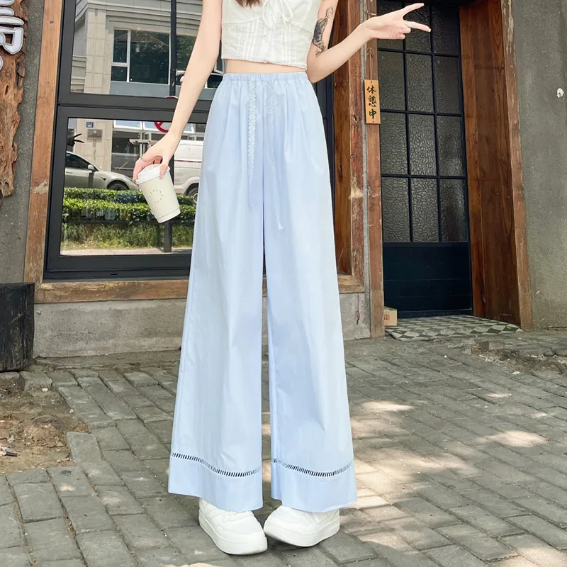 

Summer Casual Loose Wash Cotton Hollow Out Wide Leg Pants Women Harajuk Korean Fashion Lace Drawstring Ankle Length Trousers