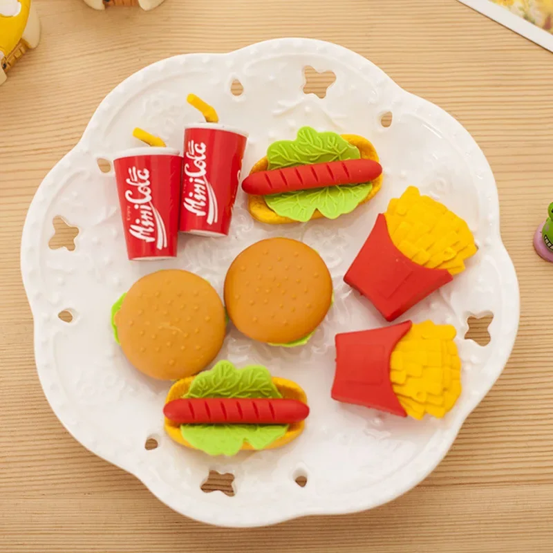 5pcs Cute Kawaii Eraser Hamburger Food French Fries Hot Dog Eraser Office Correction Supplies