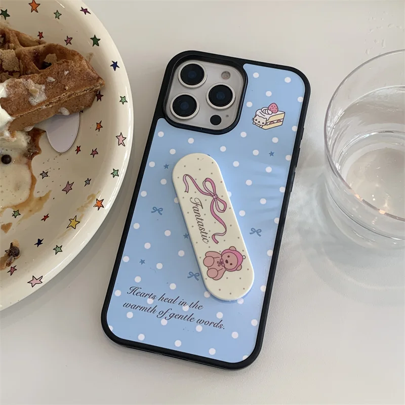 Корейский чехол для телефона с милым щенком и звездой в горошек для iPhone 16 Pro 15 14 13 Pro Max, чехол с подставкой, мультяшные жесткие чехлы Funda