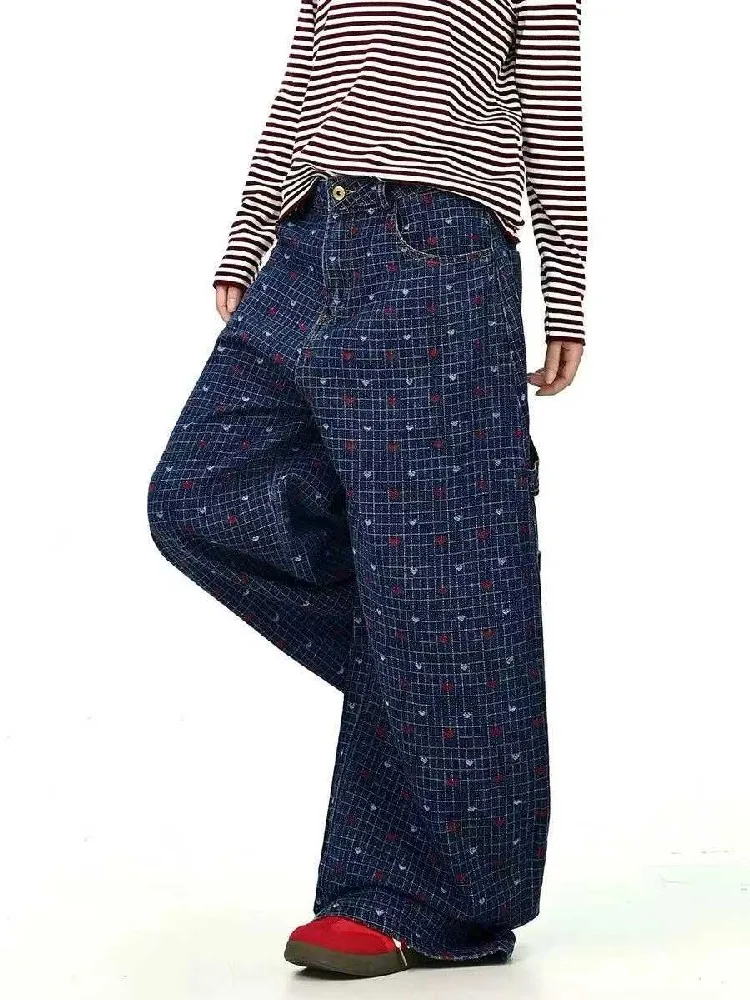 Pantalones vaqueros góticos de gran tamaño con estampado Grunge desgastado y corazones a cuadros para mujer, ropa de calle para invierno y primavera