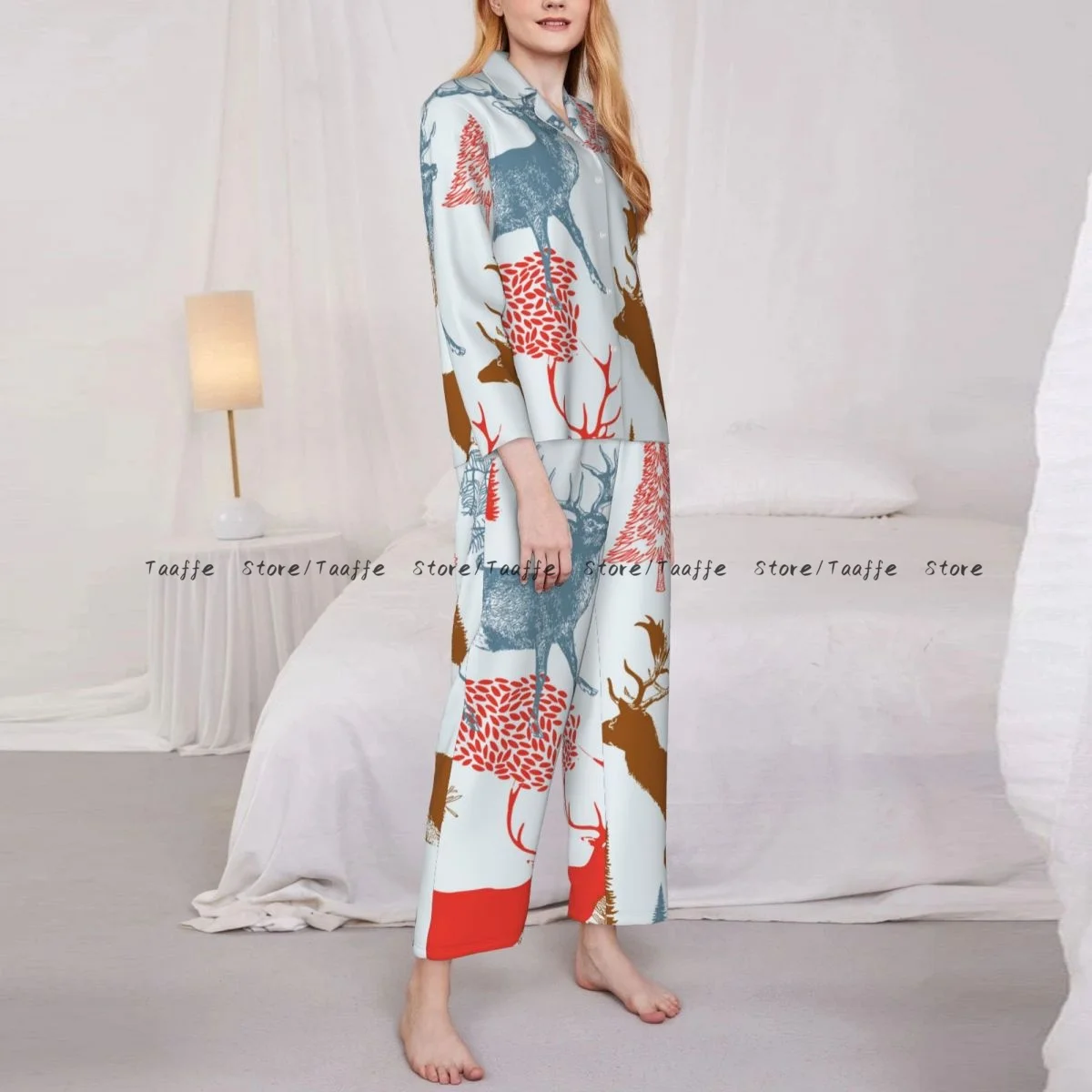 Spring and Autumn Pajama Set Women's Long Sleeve Pants Two Piece Christmas Forest With Winter Deers Home Furnishing Set