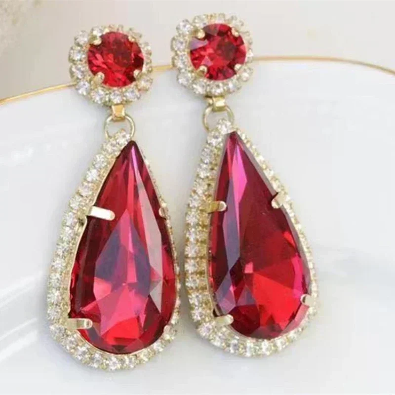 Carat Round Red Garnet Flower Stud Earrings for Women Fashion Engagement Jewelry Birthday Gifts New Water Drop Long