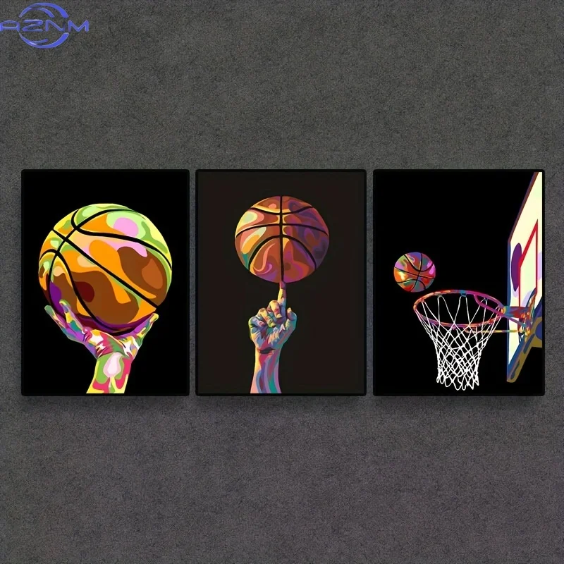 3pcs Art Deco Style Basketball Canvas Prints, 30x40cm Frameless Portrait Wall Art, Modern Colorful Sports Decor for Living Room