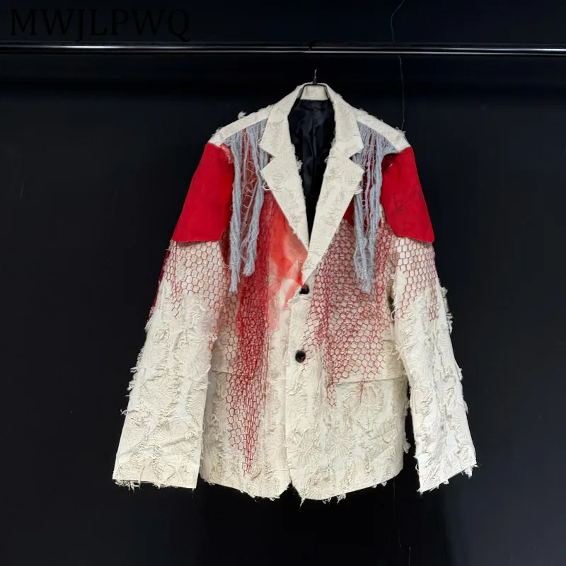 

MWJLPWQ Trendy Retro Style Color-Block Patchwork Blazer For Men High Street Loose Design Sense Niche Trend Men's Clothing 13082