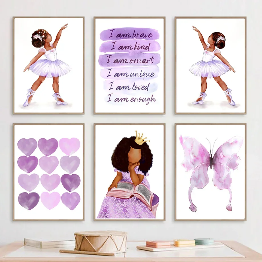 

Princess Ballet Girl with Purple Butterfly And Heart Canvas Wall Art Kids Room Decor Nordic Style Poster And Print Wall Picture