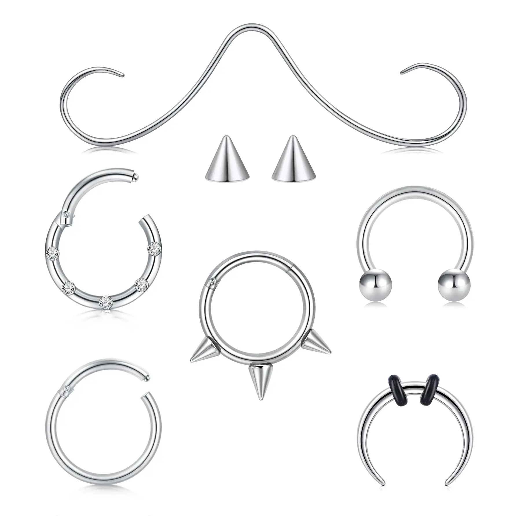 Septum Rings Jewelry 16g Stainless Steel Nose Ring Beard style Piercing 20g Horseshoe Earring Hoop Lip Ring Silvery