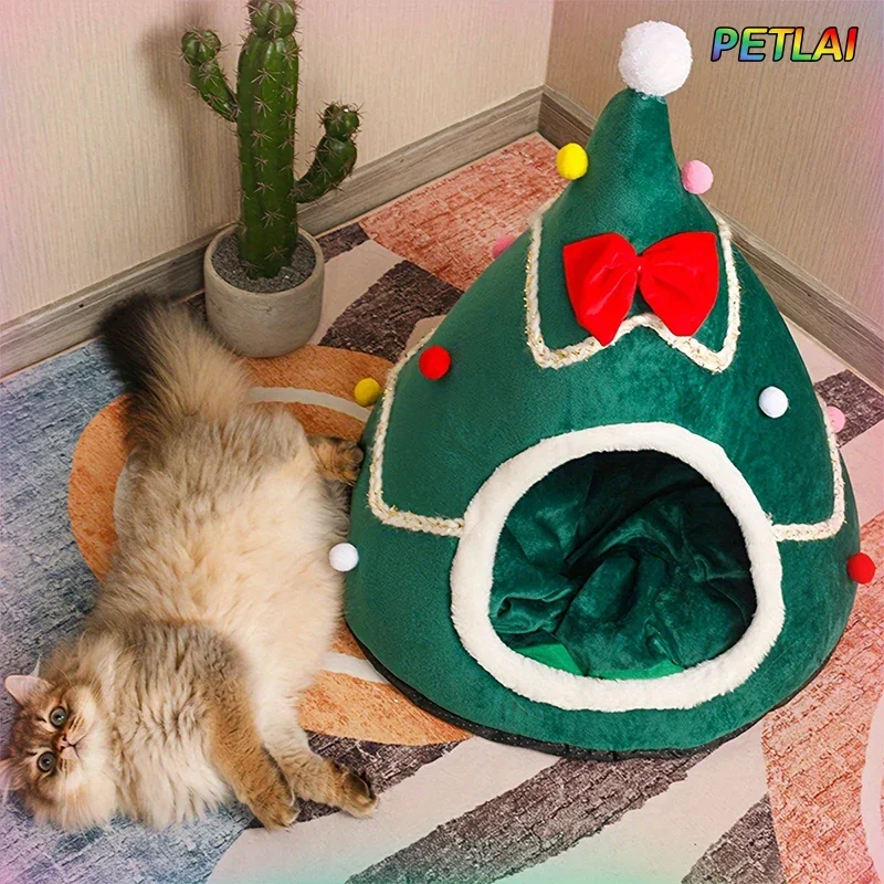 

Christmas tree cat bed mat winter autumn keep warm Christmas tree house for new year pet bed Teddy dog bed bow mongolian tent