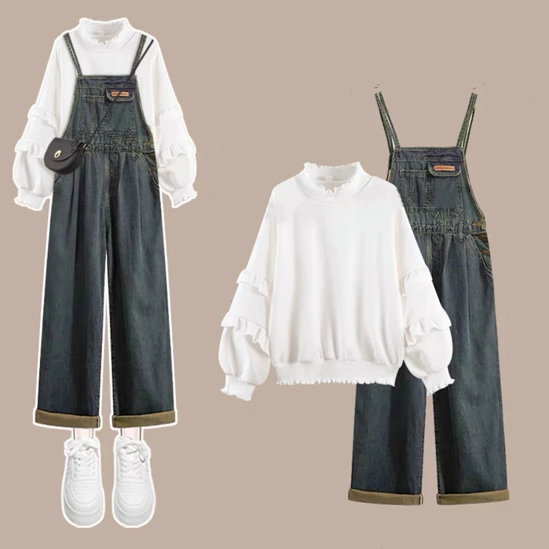 Women Preppy Style Spring Autumn Sweatshirt Overalls Denim Pants 1 or 2 Piece Set Korean Lady Daily Ruffle Tops Jeans Outfits