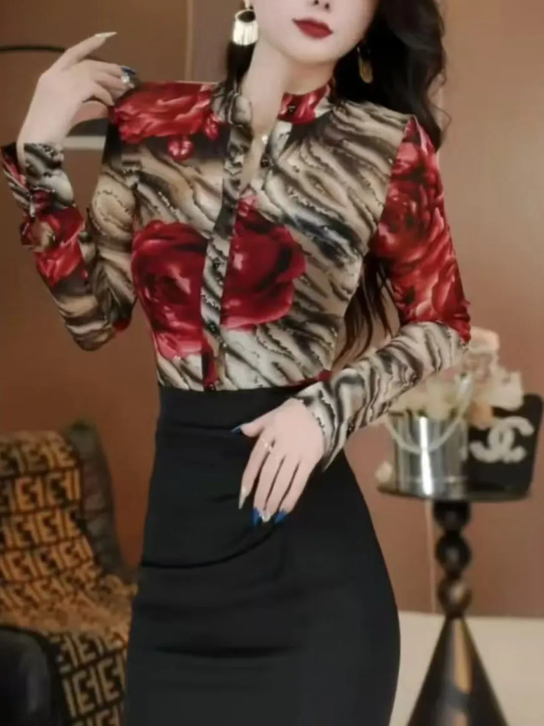 

Slim Fit Floral Print Stand Collar irt Women's Early Autumn New Sle Faionable Base Layer Small irt French Sle