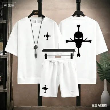 

Men One Piece Trafalgar Law Death Surgeon Print 2 Piece Outfit Waffle Knit T-shirt + Shorts Set Anime Manga Streetwear Tracksuit
