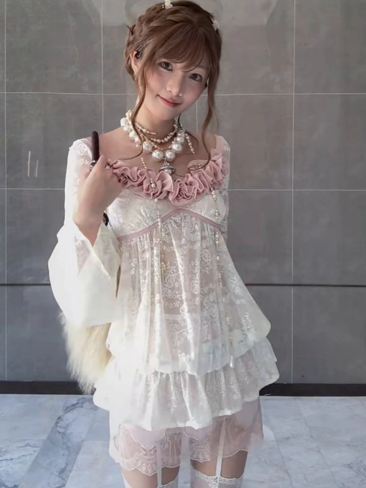 Korean Sweet Coquette Pure Desire Women's Lace Bell Sleeve Top Square Collar Ruffled Flower Ruched Waist Slim Fit Daily Outfit