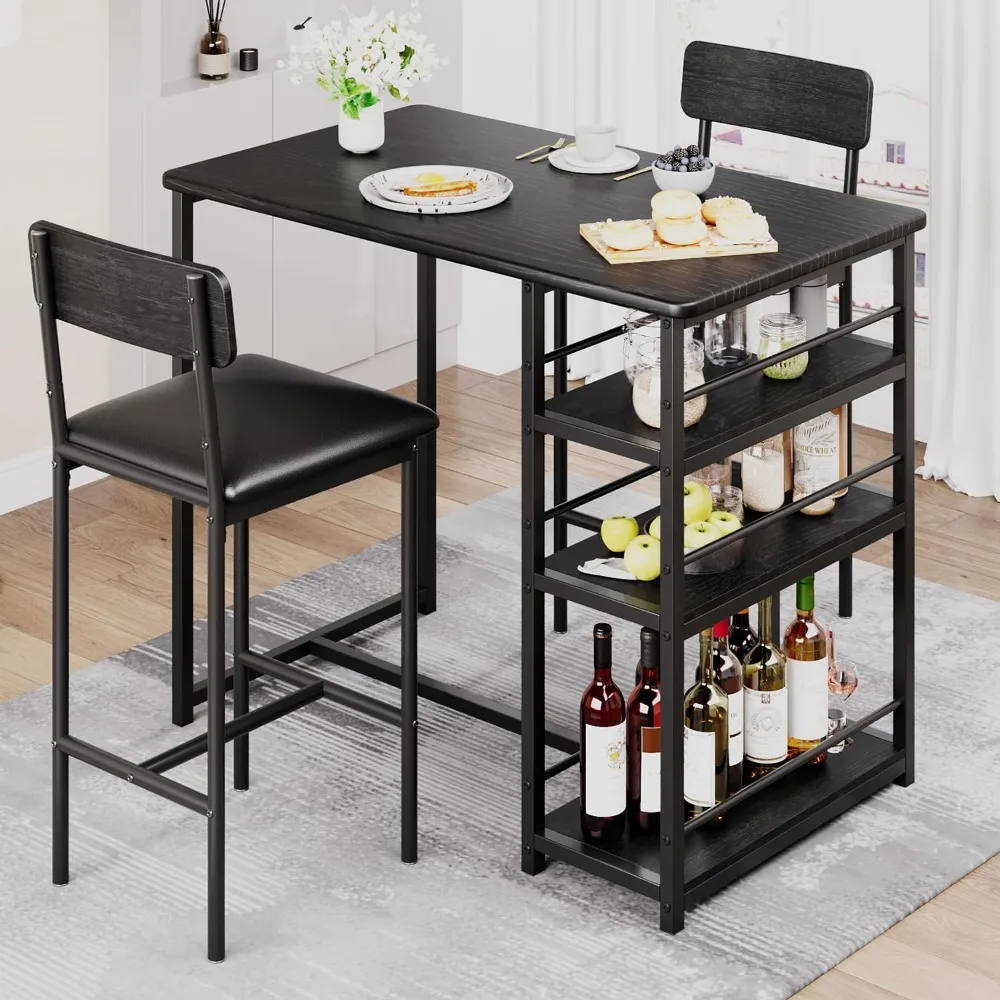 

Dining Table Set for 2, Kitchen Table and Upholstered Chairs for 2, 3 Piece Counter Height Bar Table Set with 3 Large Storage Sh