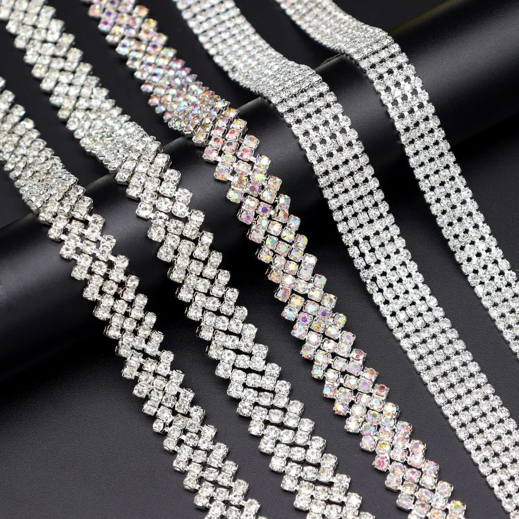 Sparkling Diagonal 5-Row Glass Rhinestone Alloy Claw Chain Hand-Sewn Rhinestone Trim For Diy Crafts Apparel Wedding Decoration