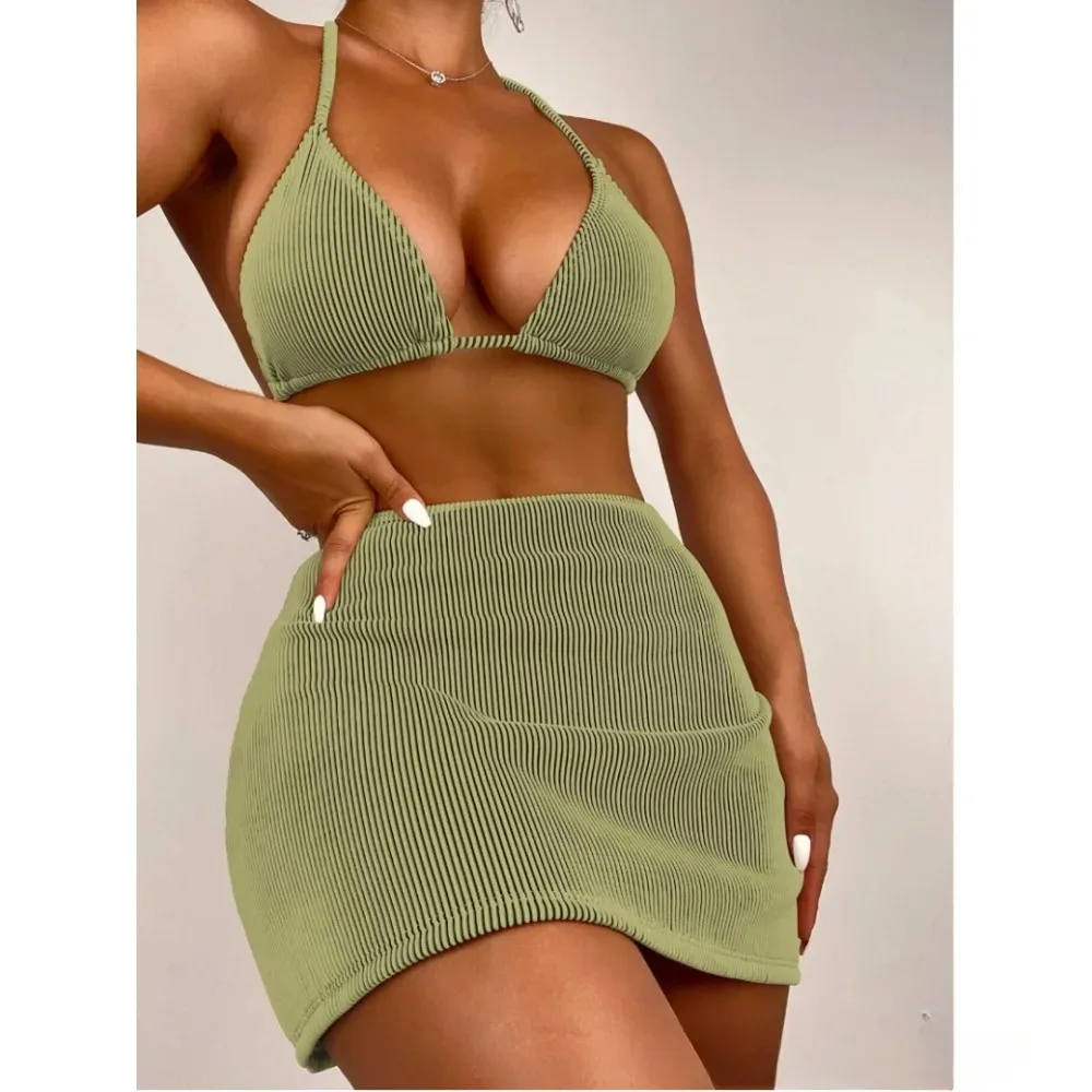 With Skirt Ribbed Halter Bikini Female Swimsuit Women Swimwear Three-pieces Bikini Set Bather Bathing Suit Swim