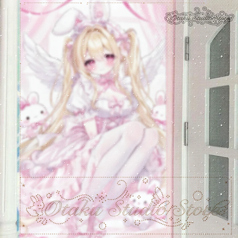 あわい Pastel Bunny Angel Anime Tapestry, Blonde Twin Tail Girl With Rabbit Ear And White Wings, Frilled Pink Lolita Dress, Bunny P