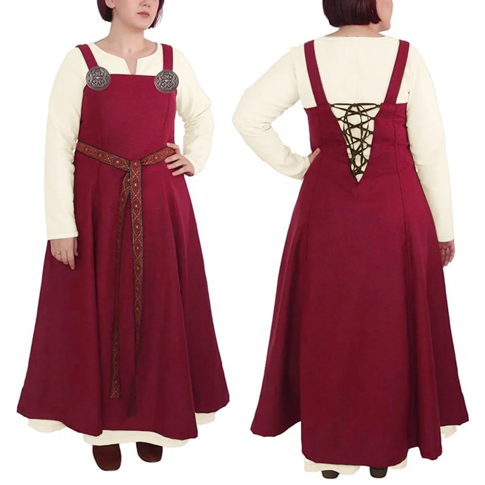 Senhoras Vintage Medieval Viking Avental Overdress, vestido atado clássico, Vogue retrô, vestido de manga flare túnica, conjunto 2 peças