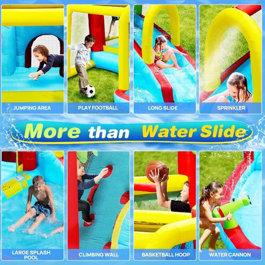 7 in1 インフレータブルスライドウォーターパークバウンスハウス屋外サッカーガーデンバウンサースプラッシュプール水鉄砲クライミングウォールバスケットボール