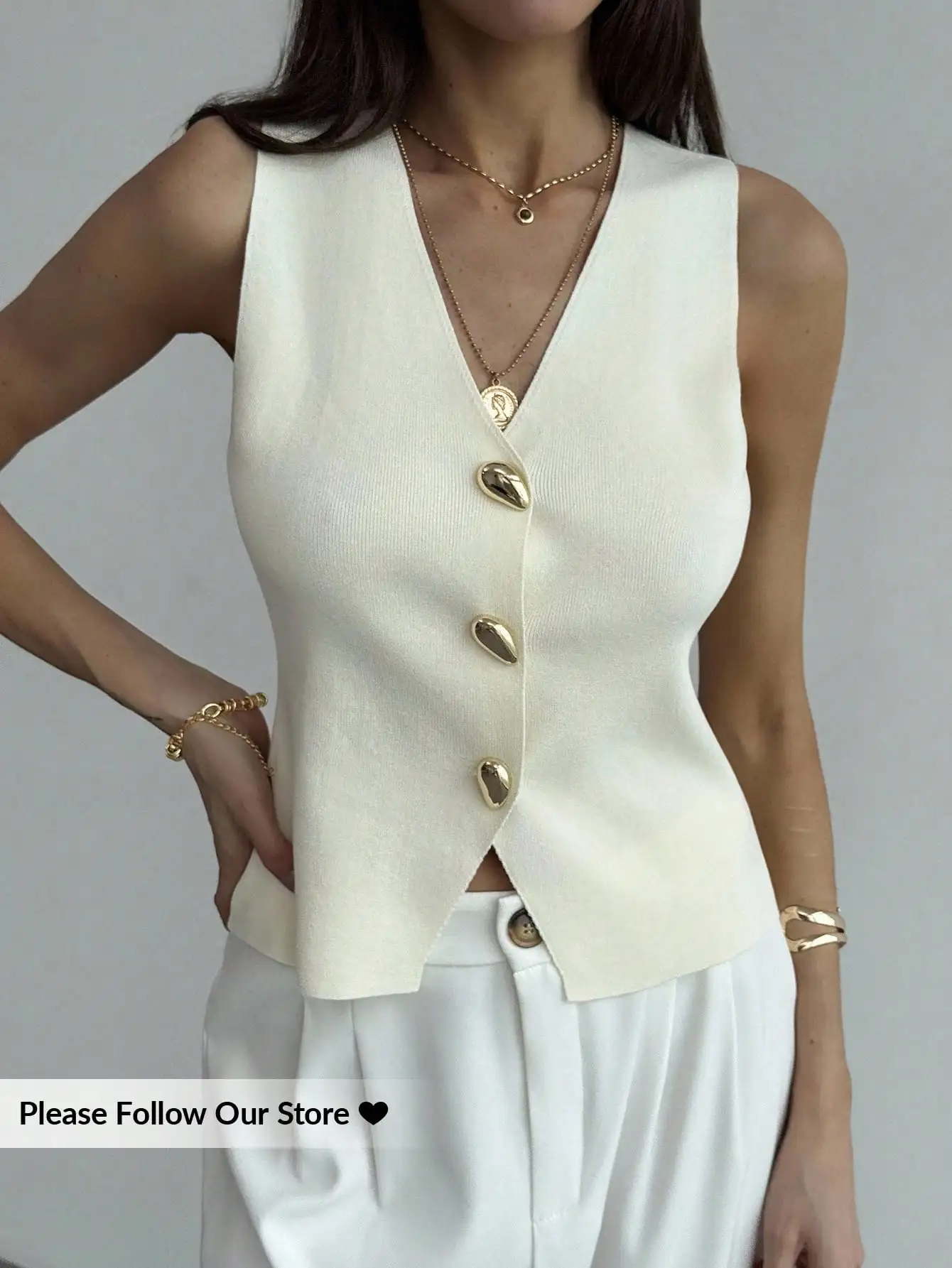 

Женский трикотажный жилет без рукавов с V-образным вырезом и золотыми металлическими пуговицами, элегантный летний топ для офиса или повседневной носки