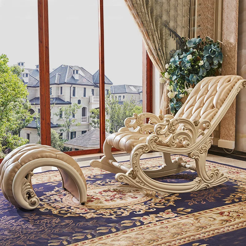 rocking chair recliner nap bedroom adult free chair elderly solid wood carving flower ivory white leather pedals