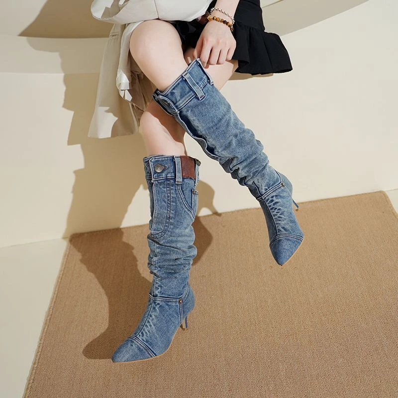 Vintage Washed Old Denim Pile Boots Women\'s 2024 Fashion Pointed Stiletto Western Women\'s Boots