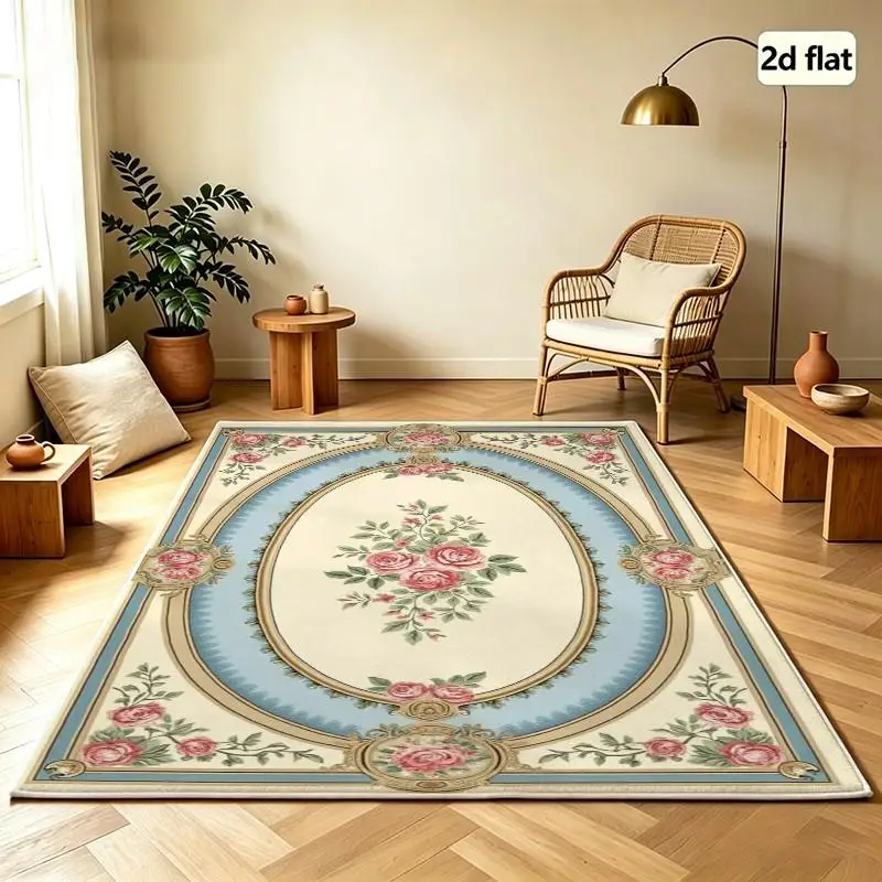 Carpet Flooring French Rose Floral Square Area Rug Vintage Oval Frame Flower Floor Mat for Home Decoration