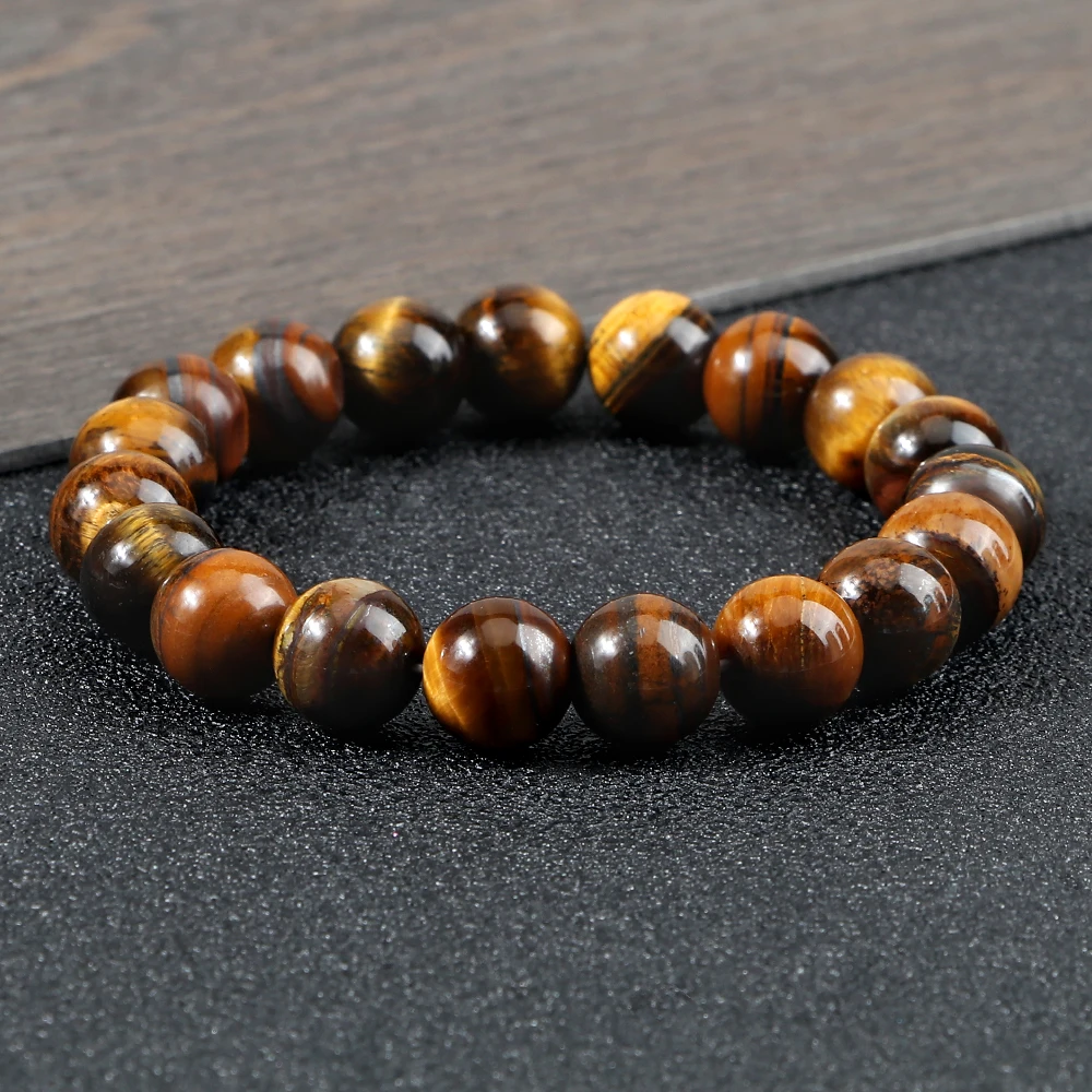 10MM Natural Stone Tiger Eyes Beaded Buddha Rosary Strand Bracelets Bangles for Men Women Yoga Bracelet Jewelry Friendship Gifts