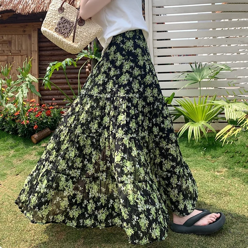 

Floral Print Pleated Skirt for Women 2025 Spring Summer Boho A Line High Waist Long Beach Skirt Female Bohemia Holiday Skirts