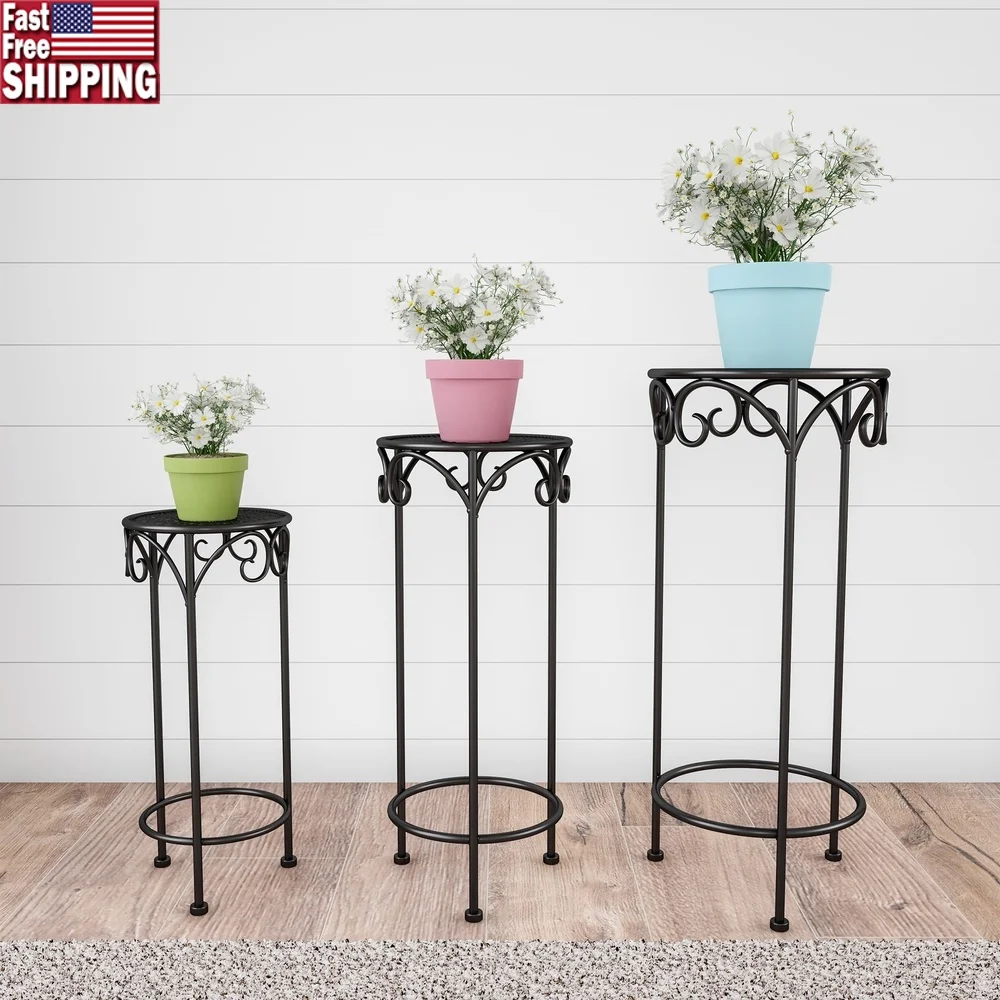 

Set of 3 Indoor Outdoor Plant Stands Rust Resistant Metal Flower Display Stands with Wrought Iron Design Home Garden