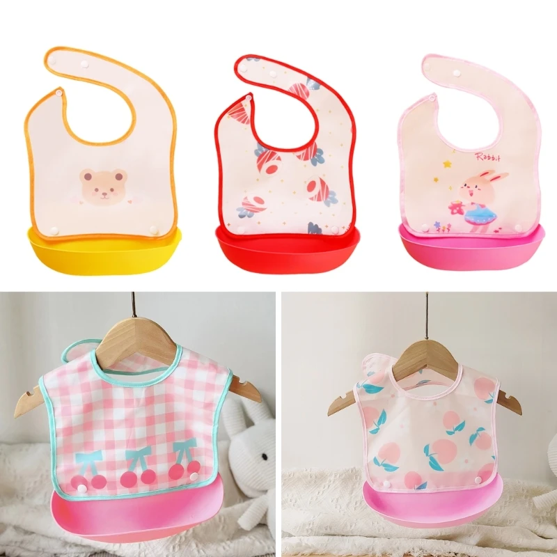 Cartoon Feeding Bib Baby Detachable EVA Bibs Soft Waterproof Bib with Food Catcher Pocket for Girls Boys Toddlers Infant