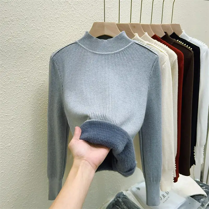 Semi-turtleneck Integrated Fleece Bottoming Shirt Autumn and Winter New Beaded Knitted Sweater with Thick Top Inside