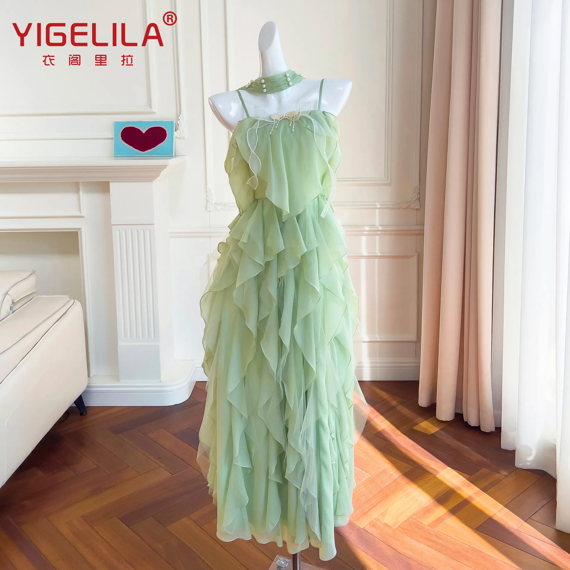 

2023 Cute Girl Fashion Women Dress Summer Palace Court Velvet Chiffon Skirt Mid Length Green Evening Cocktail Dresses Vestido