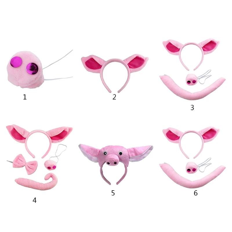 Super Soft หมูหูหางจมูกฮาโลวีนสัตว์ Headdress ชุดอุปกรณ์เสริมสีชมพู Piggy Head Hoop ชุดคอสเพลย์ Props