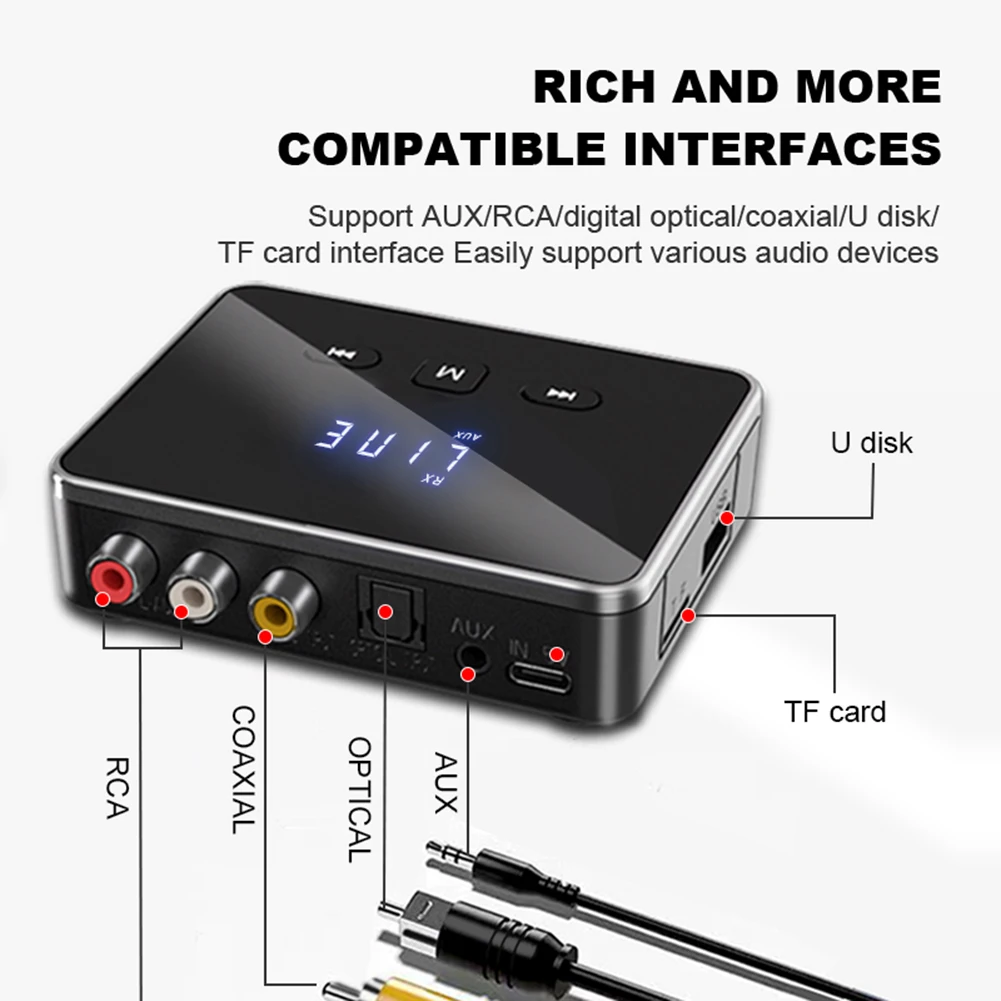 BT 5.4 Transmitter Receiver with RCA 3.5mm AUX & Display Wireless Audio Adapter BT Adapter for TV/Car/PC/Home Stereo/Speakers