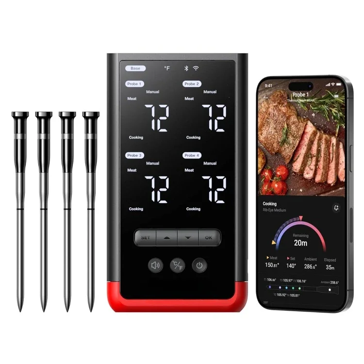 home.4-Probe Wireless Bluetooth Smart Meat Thermometer: Standalone Base, WiFi Unlimited Range, 6 Sensors with NIST Certified