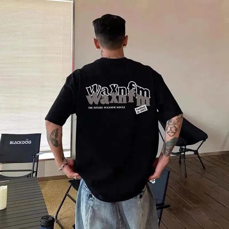 2026 Summer Double Layer Overlap Letter Graphic T-Shirt Men Cotton Loose Fit Streetwear Casual Tops For Gym Training Daily Wear