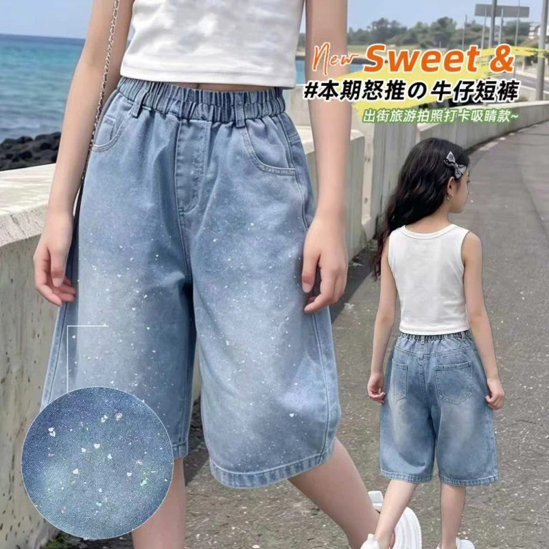 Girls Sparkle Rhinestone Denim Bermuda Shorts Elastic Waist Loose Wide Leg Knee Length Jean Capri Pants Kids Summer Casual Beach