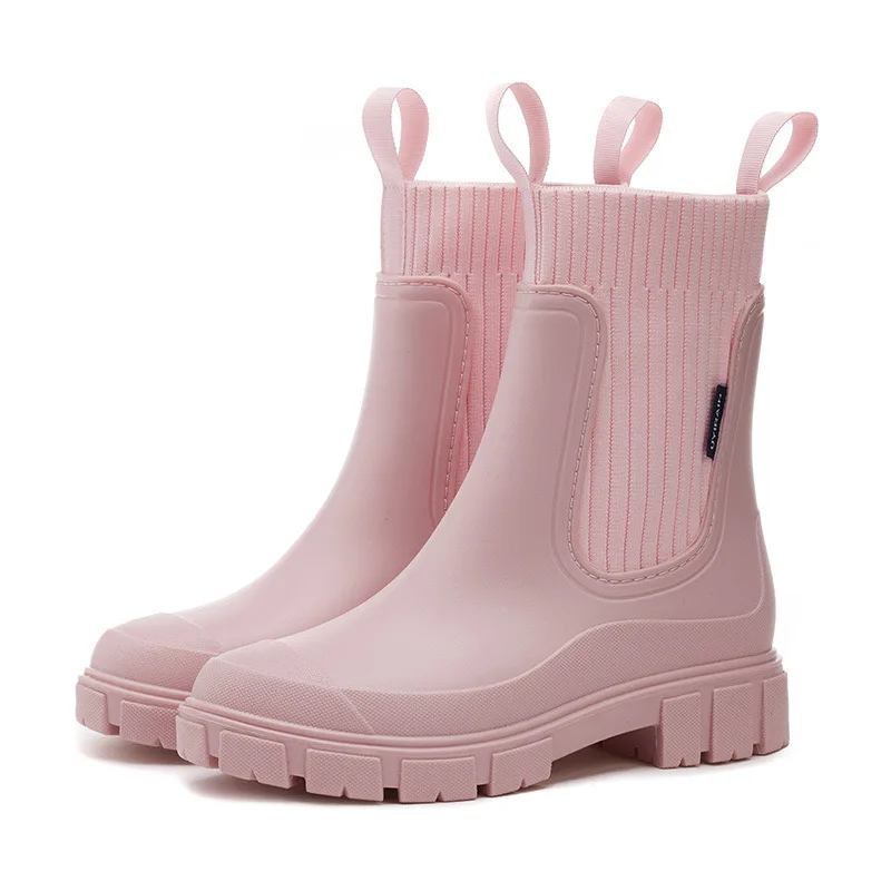 Bottes de pluie mi-mollet peu profondes pour femmes, chaussures rondes en PVC, bottes de pluie solides, bottes à plateforme imperméables, vente de marque