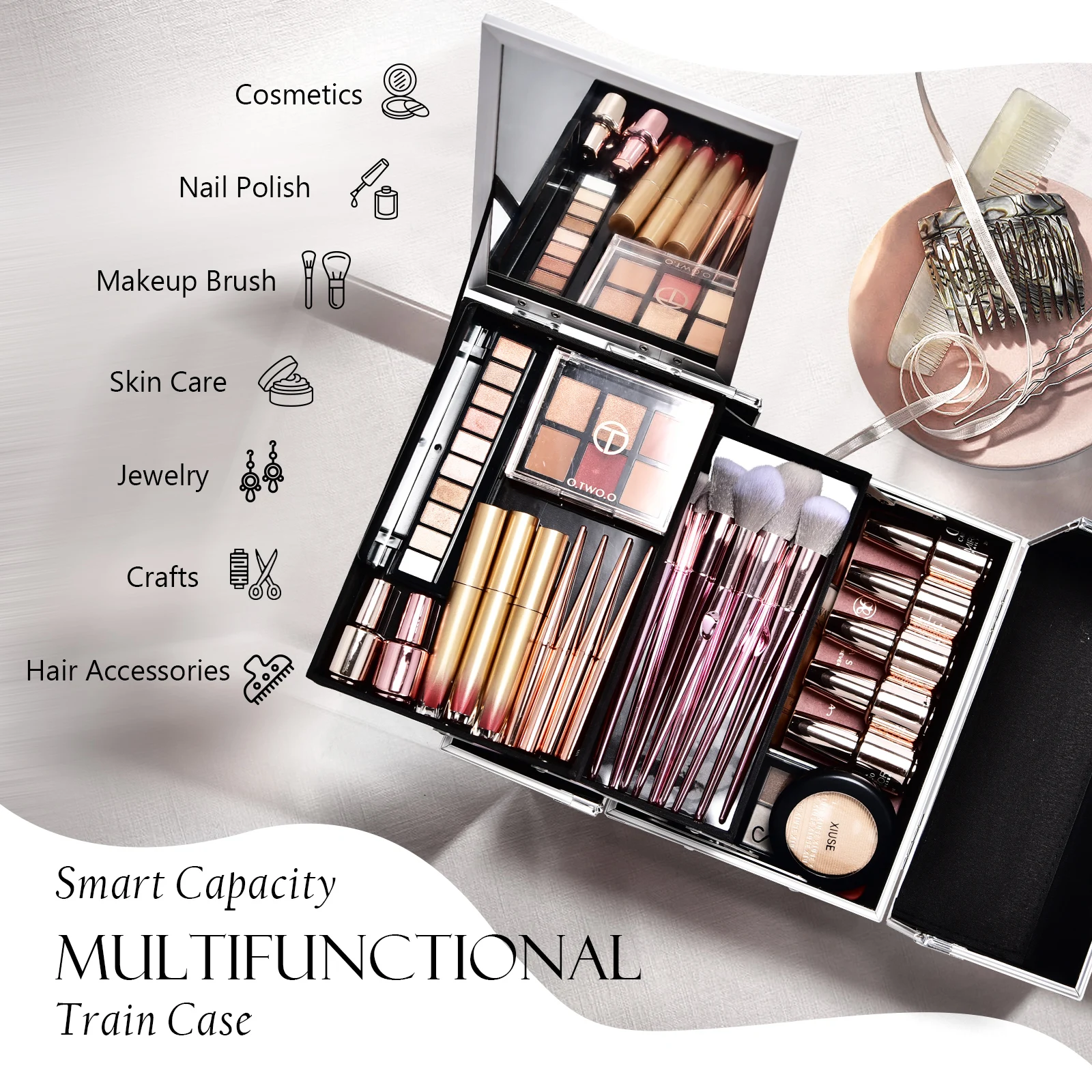 Portable Makeup Case with Mirror 2 Trays Lock Alloy Make-up Suitcase Travel Cosmetic Jewelry Nails Storage Box for Manicure Tech