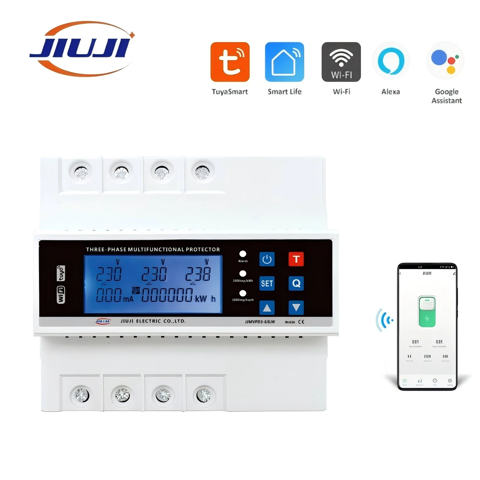 JJMVPD3-63LW WiFi Energy Meter Three Phase Smart Meter Smart Tuya Intelligent Power Factor (PF) Monitor,Voltage Protecter