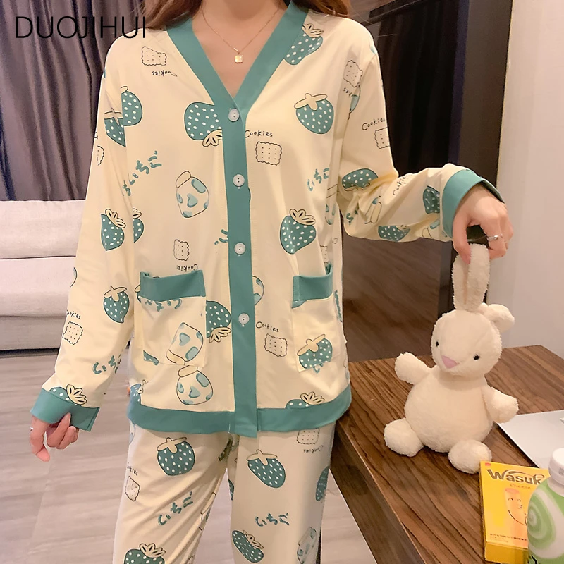 DUOJIHUI Sweet Contrast Color Two Piece Loose Female Pajamas Set Autumn New Simple Fashion Printed Casual Home Pajamas for Women