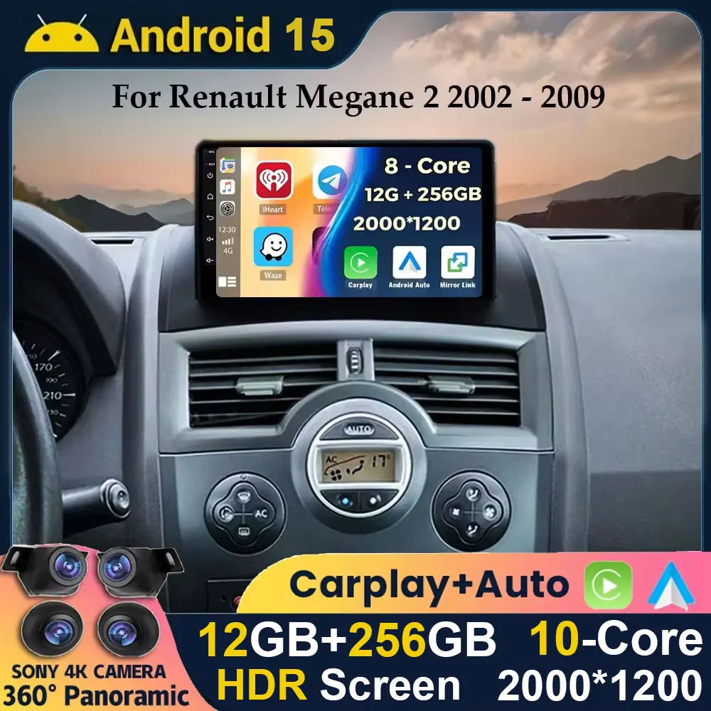 Android 15 Carplay Auto Car Radio For Renault Megane 2 2002 2003 2004 2005 2006 2007 2008 2009 Multimedia Player Stereo GPS WIFI