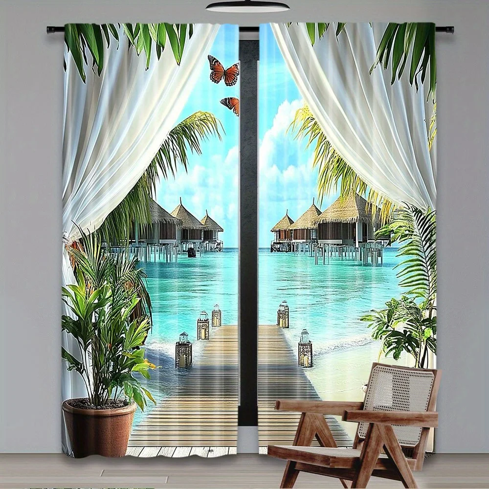 Tropical Beach Resort Curtains Polyester Window Drapes Ocean View Sunlight Filtering Curtain Panel for Living Room Bedroom Decor