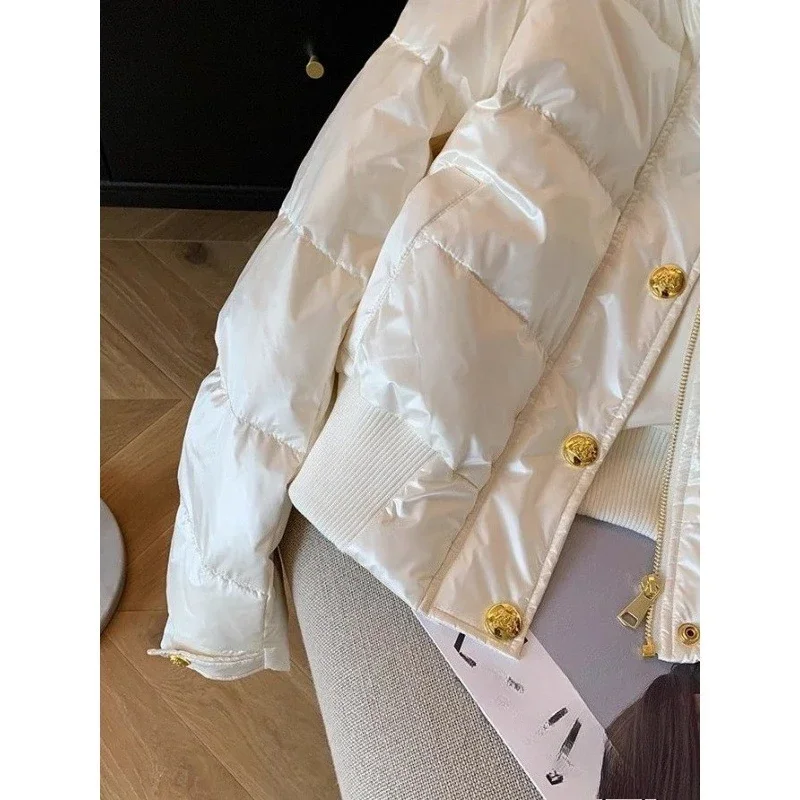 화이트 스탠드 칼라 패셔너블 두꺼운 솜 패딩 재킷 여성 겨울 디자인 감각 다용도 따뜻한 패딩 브레드 재킷