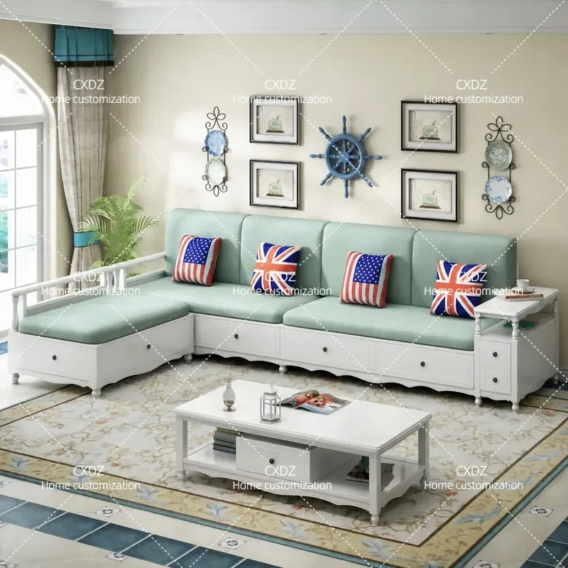 White Mediterranean Solid Wood Sofa Korean Living Room Furniture Combination Winter Summer Idyllic Style Small Apartment Sofa