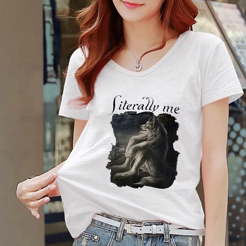 

T-shirt Women's Sitting Wolf Literally Me Funny Meme Casual Short Sleeved T-shirt Hip Hop Retro T-shirt Men Women Goth